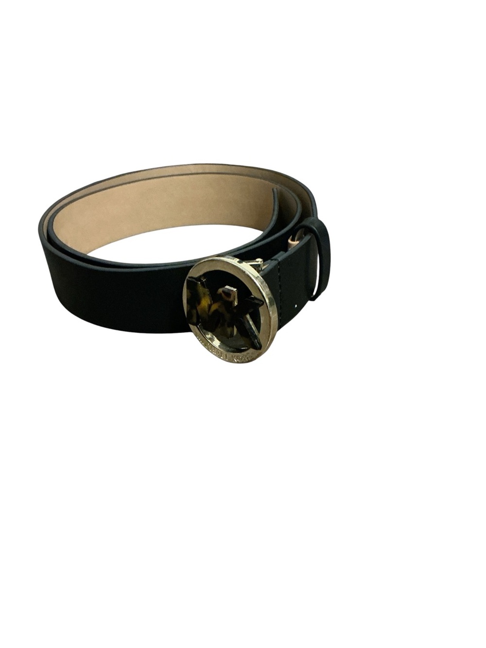 Michael Kors Black Leather Belt with Gold-Tone Tortoiseshell Logo Buckle